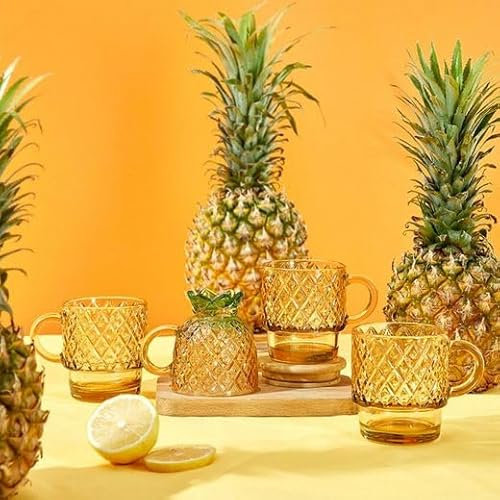 homeguru Glas-Set 4 teilig Ananasform, Wassergläser Saftgläser stapelbar Kristallgläser Getränkebehälter bernsteinorange Ananas Becher, Wassertrink Weinglas Eisbecher Trinkglas 4 Stk. 200ml/280ml