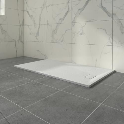 Aquariss White Rectangular Shower Tray Slate Effect SMC Slip-Resistant Shower Base for Bathroom Enclosures 1500x900mm with Waste