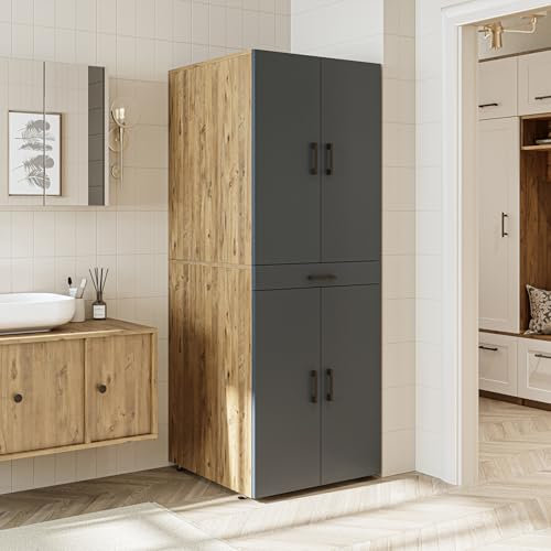 ROOMART Waschmaschinenschrank Dora für Trockner & Waschmaschine, in 4 Farben, mit Türen & Ausziehbrett (Anthrazit Eiche)