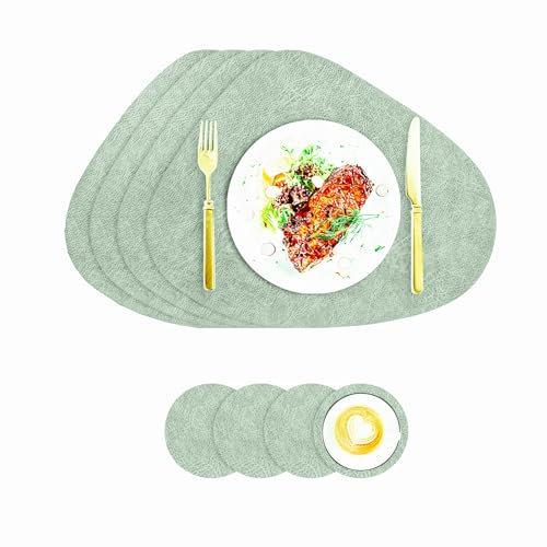 Tischsets Kunstleder und Untersetzer, Tischsets Abwaschbar Doppelseitigen rutschfest Rund Platzdeckchen, Lederoptik Platzsets Teller Untersetzer, Isolierung schützt den Tisch (Grün-Beige)