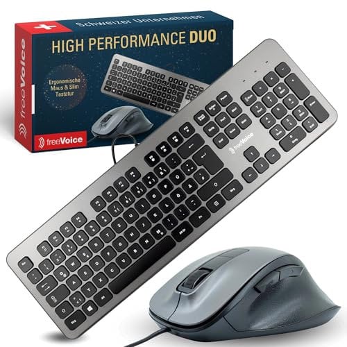 FreeVoice Set Mit PC Tastatur Und Maus - Leise, Rutschfeste Und Flache USB-A Tastatur - Plug & Play Laptop Maus Mit Sensor Für Büro & Home-Office