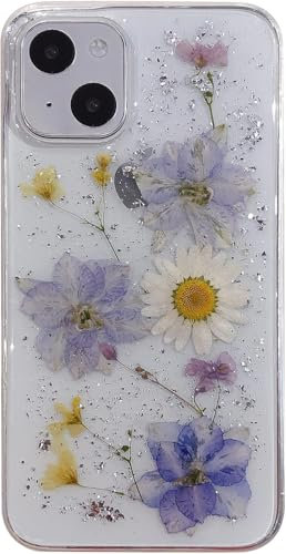 Riccase for iPhone 14 Case Clear with Real Dried Flower Patterns, Shockproof Transparent Soft TPU Protective Bumper Slim Glitter Cute Floral for iPhone 14 Phone Case,Purple Flower