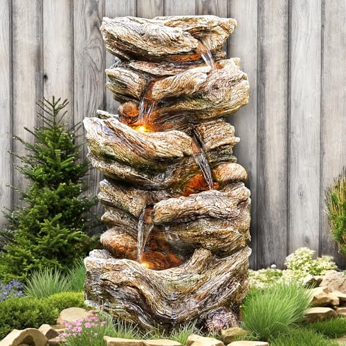 Jocoevol Fontaine à Eau d'extérieur de 32 Pouces de Haut et 5 Niveaux avec lumières LED, Aspect Bois Naturel, Cascade en Bois Imitation résine pour Jardin, Patio, décoration de Patio,