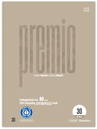 Staufen premio Collegeblock - 5 Stück, 80 Blatt, DIN A4, Lineatur 30 (blanko), 4-fach Lochung, 90 g/m² Recyclingpapier