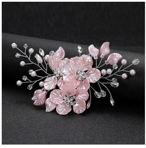 ZOONAI Bride Flower Rhinestone Wedding Hair Comb for Women Girls,Floral Pearl Bridal Hair Piece Side Combs Wedding Party Hair Pin Hair Accessories (Pink)