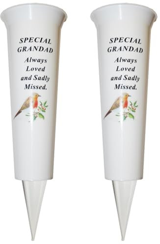 Set of 2 Memorial Grave Flower Pot - 33cm tall Sturdy White Memorial Graveside Flower Vase with Spike and Robin Image (Special Grandad)