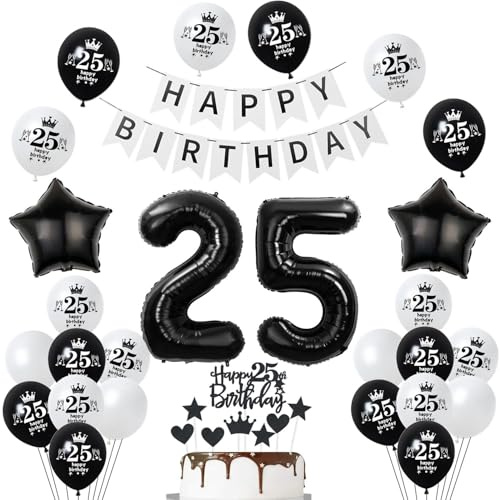 Schwarz Weiß Luftballons 25. Geburtstag Junge frauen Dekoration,Geburtstagsdeko 25 Jahre Junge ballon,Tortendeko 25 Geburtstag frauen, Folienballon Zahl 25, Happy Birthday banner deko