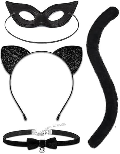 MAOSHYMS Katzenkostüm Kinder Mädchen 4 Stück Katzenohren Haarreif Schwanz Halskette Masken,Katzenkostüm Damen Kinder Halloween Karneval Cosplay Party