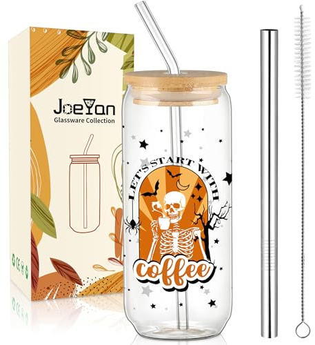 Joeyan 600ml Vasos Halloween de Cristal con Tapa y Pajita,Vaso de Vidrio con Calavera y Estrella Negra,Tazas para Café,Smoothie,Bubble Tea,Cerveza,Regalo Decoración Fiesta Para Hermanas Amigos Colegas