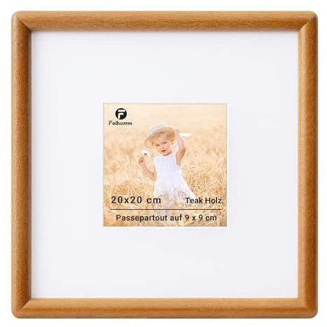 Feihorrm Bilderrahmen 20x20, Teakholz Fotorahmen mit Gehärtetem Glas | Rahmen mit Passepartout für 9x9 Foto, Bilderrahmen Holz für Wohnzimmer, Schlafzimmer, Büro, Wand & Tischbilderrahmen