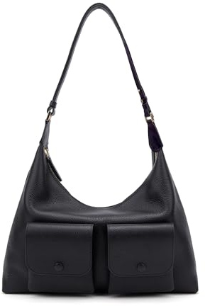 ELLE Hobo-Tasche aus echtem Leder für Damen – wandelbare Schulter-Umhängetasche mit 2 Vordertaschen für Büro, Pendel/Freizeit, Schwarz