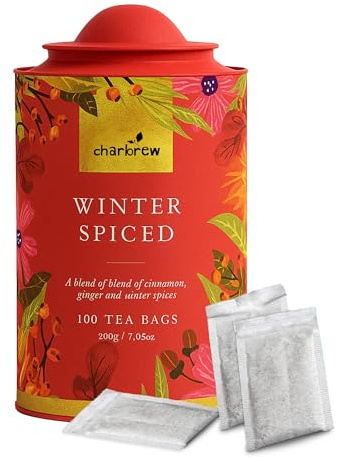 Charbrew 100 Winter Spiced Teabags - Rustic Floral Metal Tea Tin | Reusable Caddy, Gift for Tea Lovers, Black Tea Blend