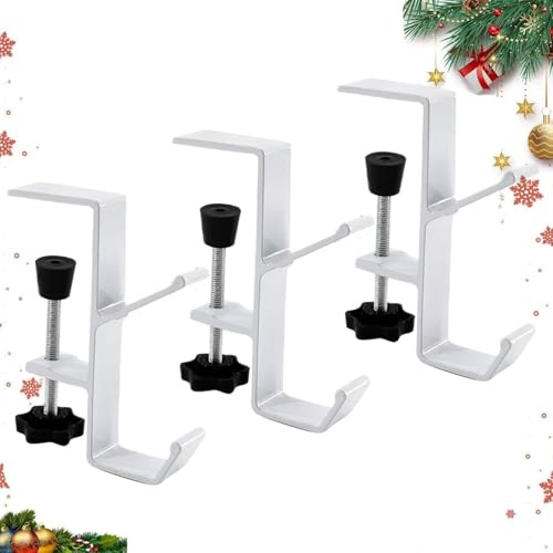 ALUNME 4 Pack Heavy Duty Desk Mount Clamp Hooks, Metal Clamp Hooks Under Desk Storage Rack for Home Office Kitchen, Christmas Stockings Holder on Mantle or Wall