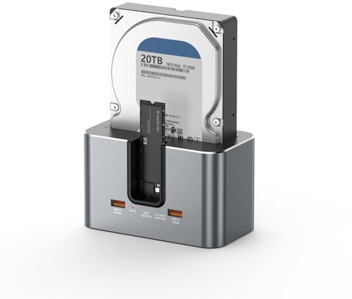 Station d'accueil pour Disque Dur, Station d'accueil USB 3.2 10 Gbps, boîtier SSD Externe en Aluminium à Double Baie USB C pour lecteurs M.2 NVMe/SATA et SSD/HDD SATA 2,5''/3,5''