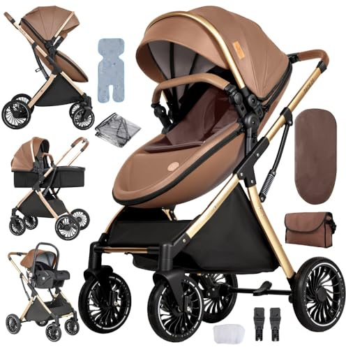 3-in-1 Kinderwagen mit Stubenwagenmodus und geländegängigen Rädern | Khaki,Faltbares Reisesystem, ausgestattet mit Regenschutz, Fußsack und weiterem Zubehör