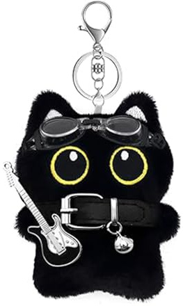 Nymora Black Cat Plüsch Schlüsselanhänger, Schwarze Katze mit Gitarre Sonnenbrille für Frauen Mädchen Geschenk, 1 Stück