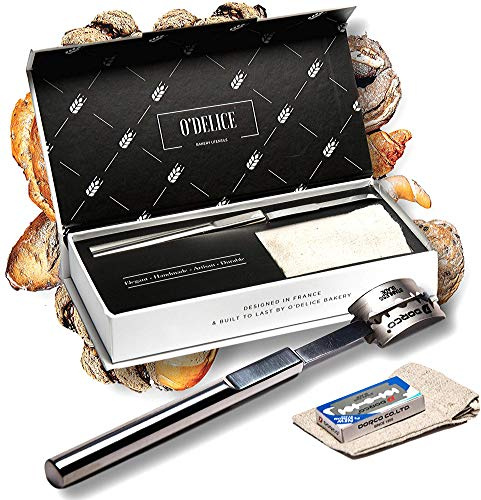 Stainless Steel Bread Lame - Premium Timeless Design Dough Scoring Tool - Includes 10 Replaceable Blades Stored in Handmade Linen Bag - Best Bread Scoring Experience