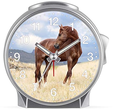 Eurotime Kinder Wecker für Mädchen mit Pferde-Motiv, Kunststoffgehäuse und Kunststoffglas, geräuscharmer Wecker, kein Ticken, mit Licht und Weckwiederholung, 29613-07