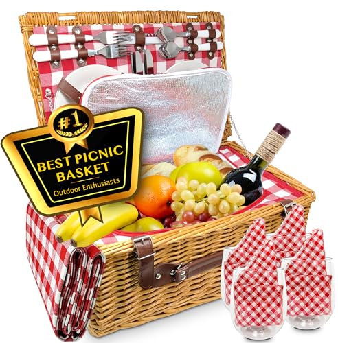 Luxuriöser Picknickkorb für 4: Isolierter Weidenkorb mit Karierter Decke, Wein- und Käse-Essentials, wasserdichtes Fach, klassisches weißes Weiden-Set für Outdoor, Strand, Camping, Vintage-Paare,