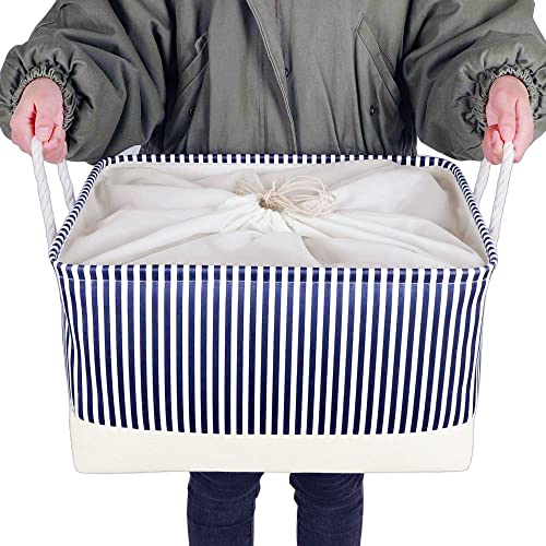 Mangata Waschbare zusammenklappbare Aufbewahrungsbox aus verdicktem Canvas-Stoff mit Griffen (Blaue Streifen, Jumbo)