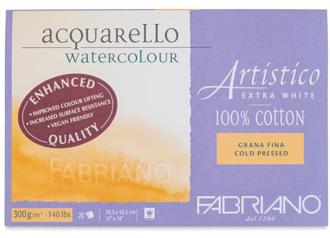 Honsell 19313045 Fabriano Artistico Acquarello Watercolour, extra weiß, Feinkorn Cold Pressed, 30,5 x 45,5 cm, 20 Blatt 300 g/m², hochwertiger Künstler-Aquarellkarton, Block 4-seitig geleimt