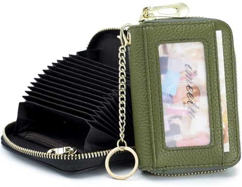 imeetu Femme Porte Carte Bancaire, RFID Tarjeteros Mujer Cuir Porte Carte avec 12 Emplacements pour Cartes, 2 Emplacements pour Espèces, Porte-clés, Fenêtre D'identification (Petit,Vert Olive)