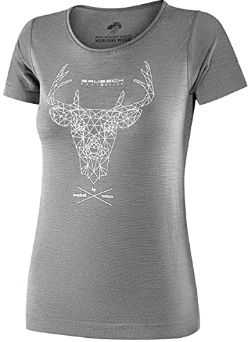 BRUBECK Damen Kurzarm Funktionsshirt | Atmungsaktiv | Thermo | Sport | Outdoor | Fitness | Unterhemd | T-Shirt | 27% Merino-Wolle | SS12720A Gr. S Grau - Hirsch