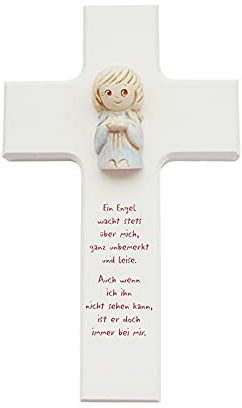 Kinder-Kreuz ca. 15 x 9 cm weiss mit Ton-Engel (ca. 4 cm) blau bemalt Text Ein Engel wacht stets über mich ganz unbemerkt und leise. Auch wenn ich ihn nicht sehen kann ist er doch immer bei mir.