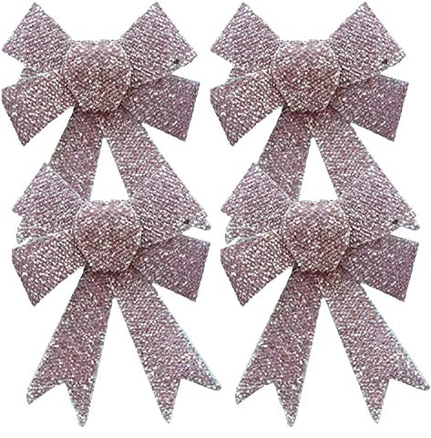 AKH® 6.5 x 6 Sparkling Christmas Glitter Tinsel Bows | Pack of 4 Xmas Bows | Tinsel Effect Christmas Bow Luxury Hanging Indoor Outdoor Christmas Tree Decoration Bows | Twist Tie On (Rose Gold)