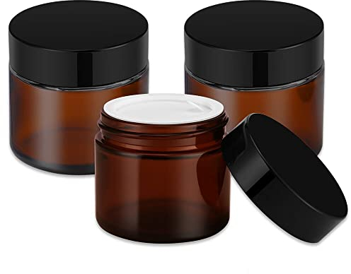 Bumobum Lot de 4 petits bocaux en verre ambré avec étiquettes blanches et doublure intérieure, 60 ml vides rondes pour échantillon, poudre, crème, lotion, épices