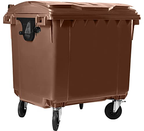 Hardwex Müllcontainer mit 4 Rädern mit Flachdeckel, Müllgroßbehälter, Abfalltonne, Mülltonne, Volumen: 1 100 Liter, Farbe: Braun, Größe: 1 344 x 1 370 x 1 070 mm
