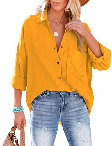 NONSAR Bluse Damen Lässiges Hemd mit V-Ausschnitt 100% Baumwolle Lockere Passform Solide Dickes Oberteil Elegant mit Tasche(9353S,Gelb)