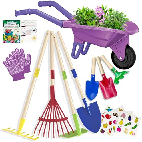 Qtioucp Garden Tool Set for Kids, Outdoor Toy with Wheelbarrow, Educational Toy, Simulated Educational Game for Indoor and Outdoor for Toddlers