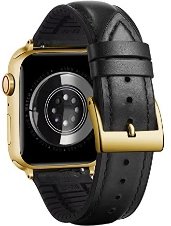 BINLUN Kompatibel mit Apple Watch Armband 42mm 41mm 40mm 38mm Lederarmband Ölwachsleder Silikon Ersatzarmband Passt für iWatch SE3/2/1 Series 11 10 9 8 7 6 5 4 3 2 1(Schwarz-Gold)