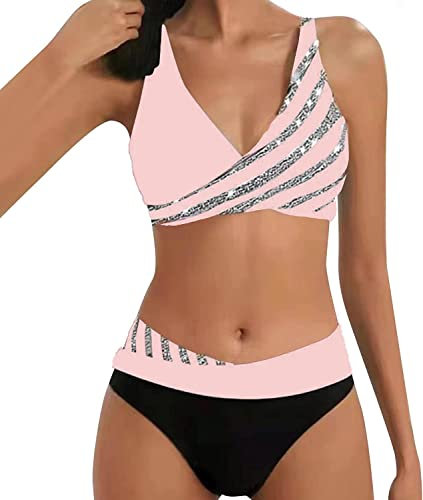 Bocabuety Bikini Donna Sexy Push Up Taglia Forte Swimwear Costume Piscina Curvy Due Pezzi Brasiliana Beachwear Imbottito Spiaggia Costumi da Bagno Vita Alta Bikini Triangolo (Rosa, L