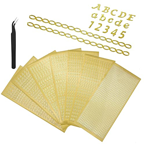 JZK 7 Blatt Kunststoff Metallic Gold Alphabet Buchstaben Zahlen Aufkleber Kettenaufkleber mit Pinzette Groß- und Kleinbuchstaben Aufkleber Dekorative Aufkleber für Scrapbook Basteln Kerzen