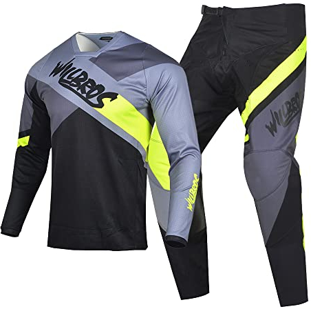 Willbros Motocross Jersey Hose Combo Rennbekleidung Dirt Bike Reiten MX Getriebe Set Protective Anzug Rennen Grau Gelb (Jersey XXL Pants 38)