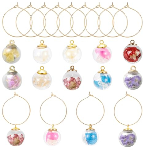 SUNNYCLUE 1 Box 25 Stück DIY 10 Sets Weinglas Charms Getrocknete Blumen Glaskugel Globus Charm Getränkekennzeichnungen Weinglas Kennzeichnungsetiketten Runde Reifen Für Stielgläser Party Familien Hoch