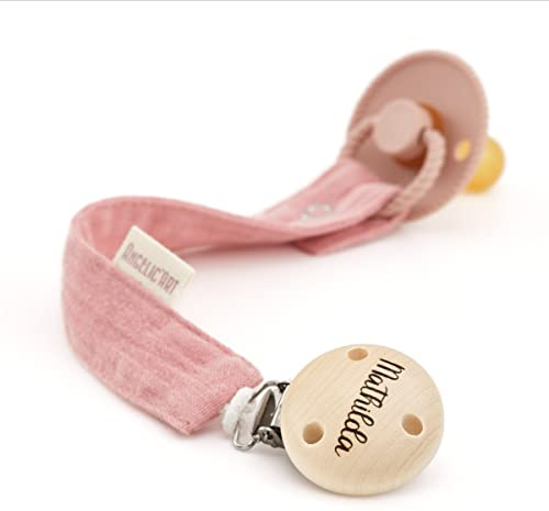AngelicArt Schnullerband mit Gravur Namen für Jungs und Mädchen - große Farbauswahl - Musselin (Rosa)