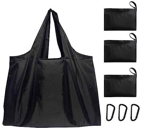 AWAVM Wiederverwendbare Einkaufstasche, wasserdichte Einkaufstasche, faltbare Einkaufstasche in Tasche, waschbar, mit befestigter Tasche, langlebig und leicht, 3 Stück, Schwarz , Large