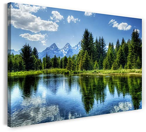 Leinwandbild (40x30cm) Landschaftsbilder grüner Wald, dahinter Berge, Spiegelung im Wasser, Leinwand auf Keilrahmen gespannt und fertig zum Aufhängen, hochwertiger Kunstdruck aus deutscher Produktion