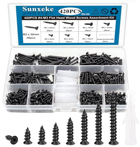Sunxeke Kit surtido de 420 tornillos de madera pequeños M3, tornillos autorroscantes de cabeza plana Phillips, juego de tornillos cortos negros con 20 anclajes de tornillo M6