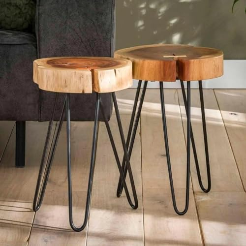 RINGO-Living Couch Beistelltisch 2er Set Elaine aus Akazienholz & Metall, moderner Beistelltisch Sofa, Beistelltisch Bett mit dunkler Naturholz Tischplatte & schwarzen Metallbeinen, Natur Couchtisch