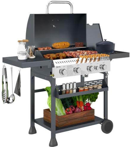 Outsunny 4+1 Gas Burner Grill 12.5 kW with Wheels Warming Rack Black | Propane Gas Barbecue BBQ Grill, Thermometer, Shelves, Bottle Opener