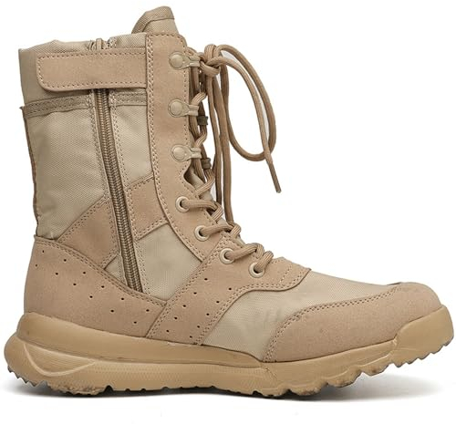 SYLUOQP Langlebige Arbeitsstiefel für Männer, Schnürung schnelle Reaktionsstiefel für Männer, Kampfwanderstiefel Männer, Seiten Reißverschluss Leder Militärstiefel (Color : Brown, Size : 43 EU)