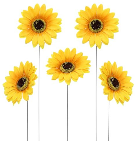 Zerodeko Metal Sunflowers for Garden 5pcs Decorative Flower Stakes for Outdoor Lawn and Yard Ornament Realistic Sunflower Garden Metal Flowers on Stakes for Path Flowerbed and Patio Decor 35.5cm