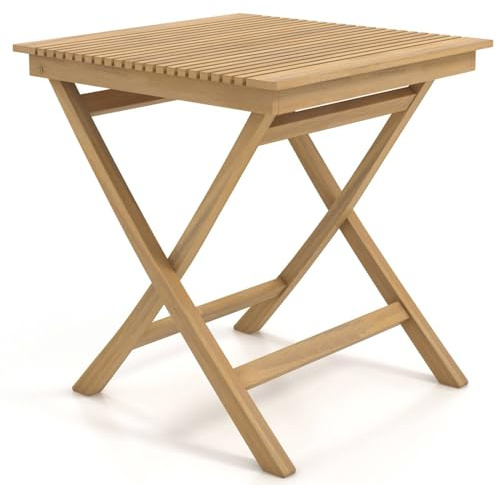 COSTWAY 70cm Folding Garden Table, Teak Wood Bistro Dining Table with Slatted Thickened Tabletop, Foldable Square Side Table for Balcony Deck Patio Terrace