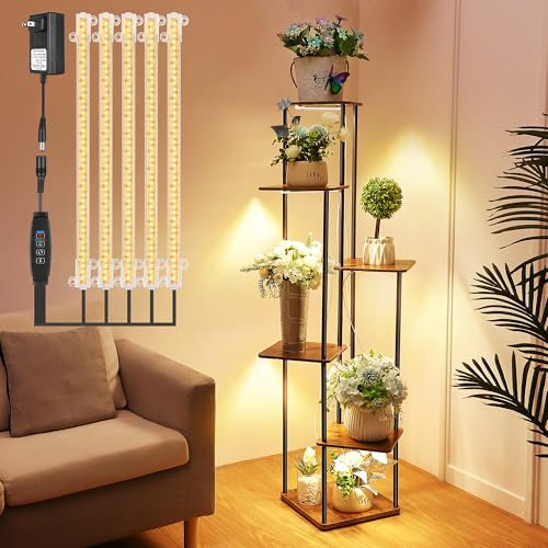 Dreyoo 6 Tier Metal Plant Shelf with Grow Light, Sturdy Tall Plant Ladder for Display, Black