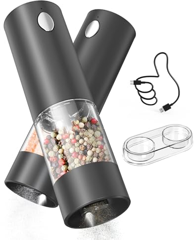 CIRCLE JOY Juego de Molinillos de Pimienta Eléctricos Recargables Molinillos de Especias con Base, Recipiente Transparente Lavable de 95ml, Luz LED Blanca y Aspereza Ajustable, Negro