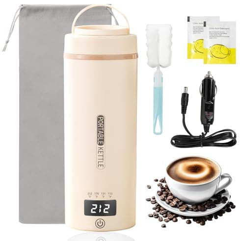 JEKABA Hervidor eléctrico de viaje de 12 V para coche, portátil, pequeño, para té, café, hervidor de agua, calentador de agua con 4 controles de temperatura (crema), 550 ml